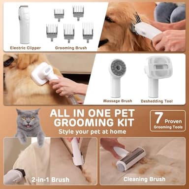 Dog Grooming Vacuum Kit - 3L Vacuum with 7 Tools, Low Noise Electric Clipper and Brush for Pet Shedding at Home, White - Image 4