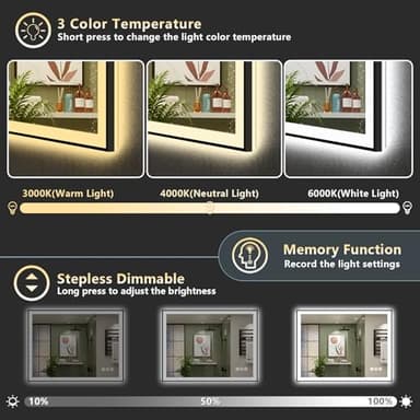 AWANDEE 40x30 Black Framed LED Bathroom Mirror with Lights, Backlit + Front Lit, Anti-Fog Lighted Vanity Mirror for Bathroom Wall with 3 Colors, Dimmable, Memory, Tempered Glass, Horizontal/Vertical - Image 5