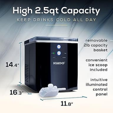 Igloo Electric Countertop Ice Maker Machine - Automatic and Portable - 33 Pounds in 24 Hours - Ice Cube Maker - Ice Scoop and Basket - Ideal for Iced Coffee and Cocktails - Black - Image 2
