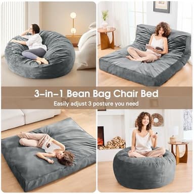 Bean Bag Chairs for Adults - Giant Bean Bag Chair Convertible Bean Bag Bed - Beanbag Chair with Micro Fiber Cover/Furniture Foam Filler - Floor Couch Sofa in Bedroom Dorm Room - Full Charcoal - Image 7