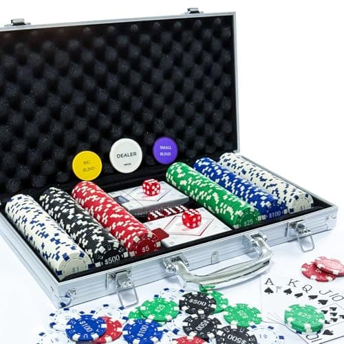 HEITOK Poker Set with Denominations, 300-pcs 11.5g Weighted Numbered Chips, 5 Dice, 2 Decks with Compact Aluminum Case for Texas Hold'em, Blackjack, Age 8 and Plus - Image 1
