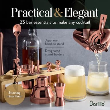 Barillio Rose Gold Bartender Kit - Stainless-Steel Cocktail Shaker Set w/Bamboo Stand - Mixology Bar Tools w/Drink Shaker, Mixer and Muddler for Cocktails - Home Bar Accessories - 23-Pc Bar Set - Image 4