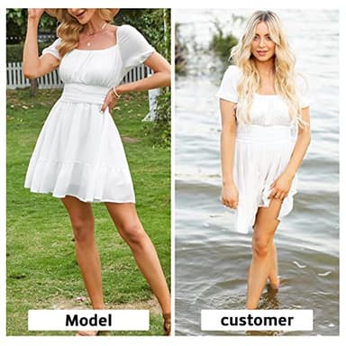 EXLURA Women's 2024 Summer Short Puff Sleeve Casual Short Mini Dresses Tie Back Square Neck A-Line Sundress White - Image 3