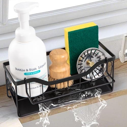 Sinnsally Sponge Holder for Kitchen Sink Caddy,Stainless Steel Dish Soap Dispenser Rack,Dish Soap Caddy for Kitchen Sink Utensil Holder with Drain for Countertop,Kitchen Counter Organizer and Storage - Image 1