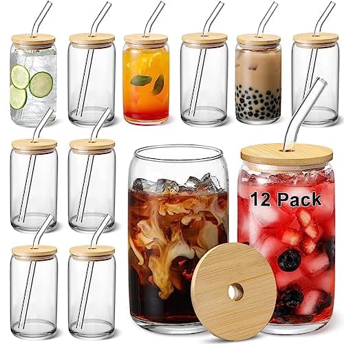 [ 12pcs Set ] Glass Cups with Bamboo Lids and Glass Straw - Beer Shaped Drinking Glasses, 16 oz Iced Coffee Glasses, Cute Tumbler Cup for Smoothie, Boba Tea, Whiskey, Water - 4 Cleaning Brushes - Image 1