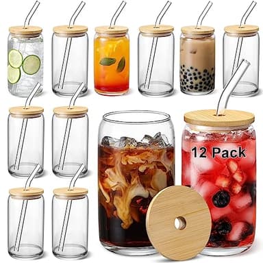 [ 12pcs Set ] Glass Cups with Bamboo Lids and Glass Straw - Beer Shaped Drinking Glasses, 16 oz Iced Coffee Glasses, Cute Tumbler Cup for Smoothie, Boba Tea, Whiskey, Water - 4 Cleaning Brushes - Image 1