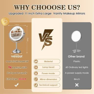 VESAUR 11" Large and 17" Tall Lighted Makeup Mirror, Double Sided 1X 10X Magnifying 3 Colors with Lights, Brightness Adjustable 360° Rotation Cosmetic Light up Mirror, Luxury Nickel - Image 6