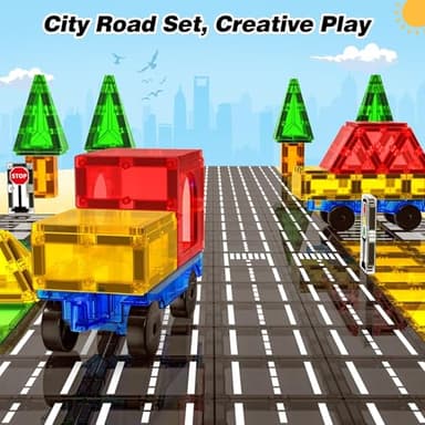 Magnetic Tiles Road Sets with Car, Magnetic Building Blocks Toys for 3+ Year Old Boys Girls, Montessori Magnet Kids Toys, Construction Toys for Ages 3 4 5 6 7 8 Christmas Birthday Gifts for Toddlers - Image 2