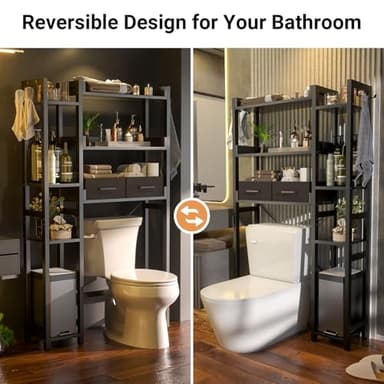 Over The Toilet Storage with 2 Drawers - 7 Tier Bathroom Organizer with Adjustable Shelf, Freestanding Space Saver Storage Rack Above Toilet Stand with 4 Hooks for Restroom, Laundry, Black - Image 5