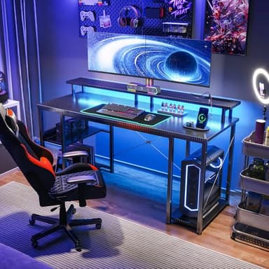 ODK 55 inch Computer Desk with Power Outlets & LED Lights, Gaming Desk with Monitor Stand & Storage Sheves, Home Office Desk, Carbon Fiber Black - Image 4