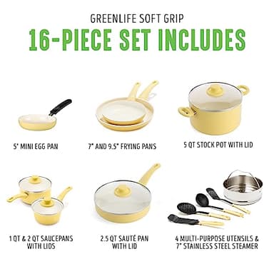 GreenLife 16 Piece Nonstick Cookware Set, Soft Grip Non-Toxic PFAS-Free Ceramic Pots & Pans, Dishwasher & Oven Safe, Frying, Sauce, Saute, Utensils, Glass Lids, Stay-Cool Handles, Wobble Free, Yellow - Image 3