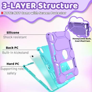 CCMAO Case for iPad A16 11th Generation 11 Inch 2025, iPad 10th Generation 10.9 Inch 2022, with Kickstand & Pencil Holder, Heavy Duty Shockproof Hybrid Protective Cover for Kids Girls, Purple+Green - Image 5