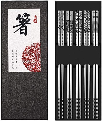 Metal Chopsticks Reusable 18/8 Stainless Steel Chopsticks Multipack Dishwasher Safe Chop Sticks Cute Laser Engraved Non-slip Japanese Korean Chopstick for Cooking Eating 9 1/4 Inches 5 Pairs Gift Set - Image 1