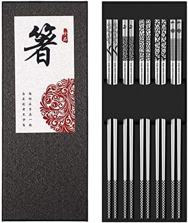 Metal Chopsticks Reusable 18/8 Stainless Steel Chopsticks Multipack Dishwasher Safe Chop Sticks Cute Laser Engraved Non-slip Japanese Korean Chopstick for Cooking Eating 9 1/4 Inches 5 Pairs Gift Set - Image 1