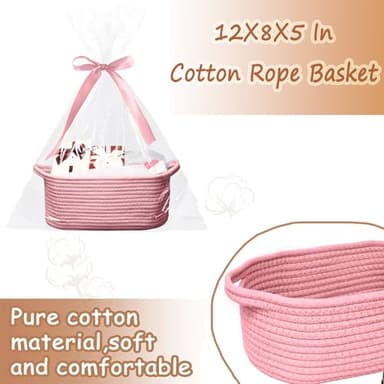 Poschnor Baby Gift Basket with Gift Bags and Ribbons, 12x 8x 5 Inch Basket for Baby and Pet Toys, Small Cotton Rope Basket - Pink - Image 6
