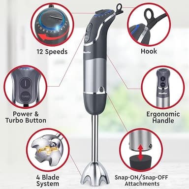 Mueller Multistick 5-in-1 Immersion Blender Handheld,12 Speed Hand Mixer-Turbo Boost,Heaviest Duty Copper Motor,Titanium reinforced Blades Hand Blender,Milk Frother Wand,Whisk,Beaker,Chopper,Grey - Image 5