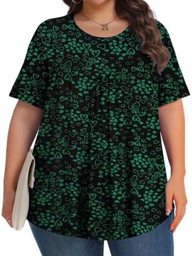 Womens Plus Size Tops Tunic Short Sleeve Crew Neck Shirts Casual Soft Blouse Green Heart 3X - Image 3