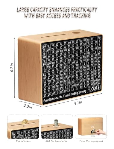 Large Money Saving Box,Wooden Piggy Bank Adults Savings Challenge Box with 10 Targets $200 to $10000 for Kids and Adults,Natural,9.1 x 6.7 x 3.2 Inches - Image 4