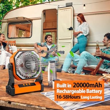 20000mAh Camping Fan, Rechargeable Battery Operated with 360° Rotatable Hook, 400 Lumes Light, 270° Pivot, 4 Speeds, 58Hrs Battery Powered Fan for Outdoor Tent Car Trip BBQ Hurricane Power Outages - Image 2