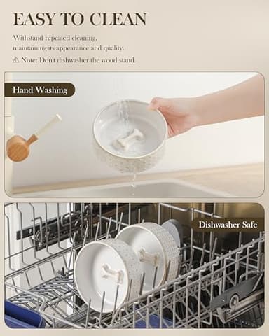 MALACASA Dog Bowl Set with Walnut Wood Stand, 1.5 Cups Ceramic Pet Bowls for Puppy Dogs, Dual Food and Water Bowls with Weighted Non-Slip Base, Basic Bowls for Your Dog or Cat, Rhombic & Polka Dots - Image 8