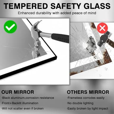 Megatex 60x36 Lighted Mirrors for Bathroom Wall, Modern Rectangle Matte Black Mirror, Tempered Glass，Double Lights, 3 Colors Dimmable Temperature, IP54 Enhanced Anti-Fog, Memory (Horizontal/Vertical) - Image 3