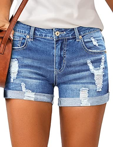 LookbookStore Women Casual Summer Jean Shorts for Women High Waisted Rolled Hem Cuffed Hem Womens Jorts Distressed Jeans Ripped Denim Shorts Blue Size S - Image 1