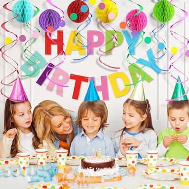 LITAUS Colorful Birthday Decorations Kit - 16-Piece Set with Pre-Strung Happy Birthday Banner, Honeycomb Balls, Garland & Swirls | Rainbow Theme Party Supplies for Women Men Kids, Teens Adults - Image 4