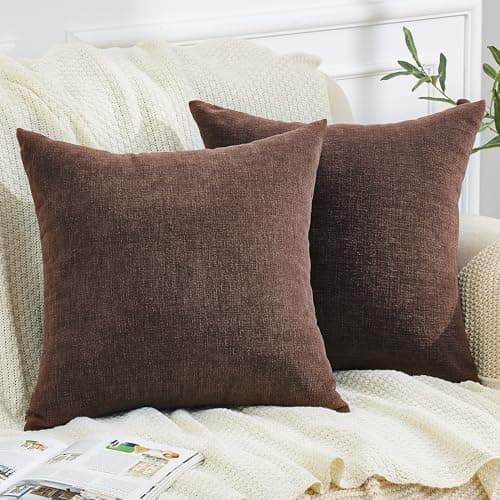 GAWAMAY Decorative Square Throw Pillow Covers 22x22 Inch Set of 2, Super Soft Chenille Pillows Farmhouse Fall Pillowcase for Living Room Bedroom Sofa Couch Cushion Cover Coffee 55x55cm (No Inserts) - Image 1