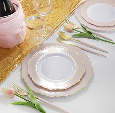 I00000 144Pcs Pink Plastic Silverware, Gold Disposable Flatware with Pink Handle, Gold Plastic Cutlery Set Includes: 48 Forks, 48 Knives and 48 Spoons Perfect for Party & Wedding - Image 6