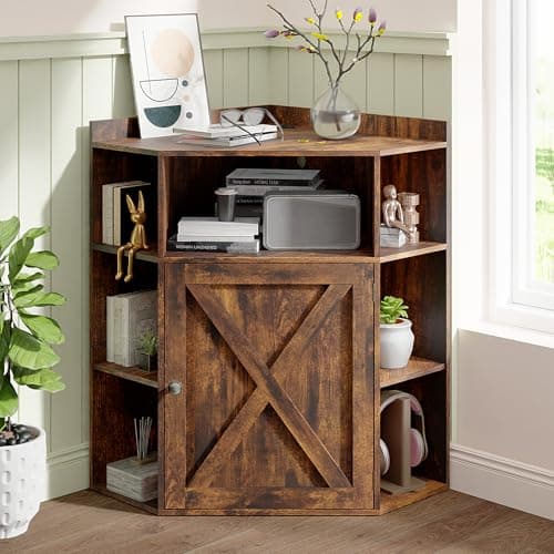 Corner Cabinet, Corner Storage Shelf with USB Ports and Outlets Industrial Organizer for Small Space Wooden 6-Cubby Bookshelf for Study, Playroom, Living Room (Amber Pine) - Image 1