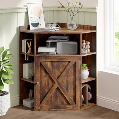 Corner Cabinet, Corner Storage Shelf with USB Ports and Outlets Industrial Organizer for Small Space Wooden 6-Cubby Bookshelf for Study, Playroom, Living Room (Amber Pine) - Image 1