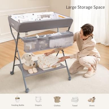 Baby Changing Table with Wheels, Maydolly Portable Adjustable Height Folding Diaper Station with Nursery Organizer & Storage Rack for Newborn Baby and Infant (Light Grey) - Image 6