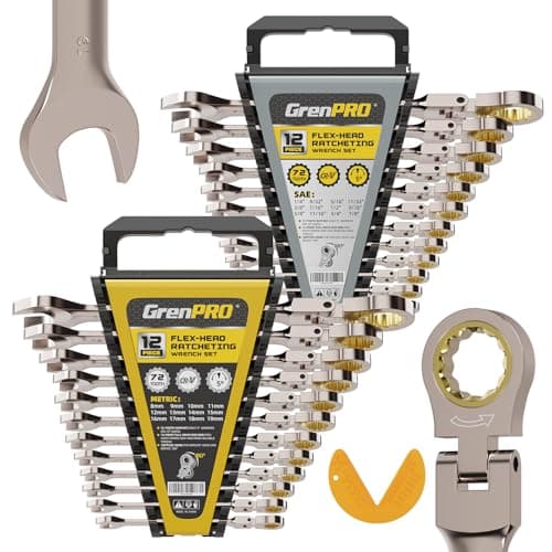 GRENPRO Wrench Set, Ratchet Wrenches Set, 25PC Flex-Head Ratcheting Wrench Set SAE&Metric and Standard 1/4" to 7/8"&8-19mm with Gauge Organizer, 72 Tooth Mechanic Tool Open End Combination Wrench Sets - Image 1