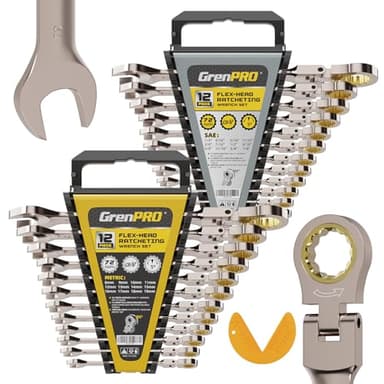 GRENPRO Wrench Set, Ratchet Wrenches Set, 25PC Flex-Head Ratcheting Wrench Set SAE&Metric and Standard 1/4" to 7/8"&8-19mm with Gauge Organizer, 72 Tooth Mechanic Tool Open End Combination Wrench Sets - Image 1