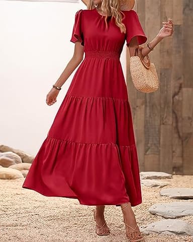 PRETTYGARDEN Women's Summer Casual Short Flutter Sleeve Round Neck Smocked Waist Tiered Boho Floral Flowy Maxi Dress(Solid Red,X-Large) - Image 3