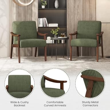 Yaheetech Corduroy Accent Chair, Mid-Century Modern Armchair with Solid Wood Legs, Reading Leisure Chair with High Back for Living Room Bedroom Waiting Room, Set of 2, Dark Green - Image 5