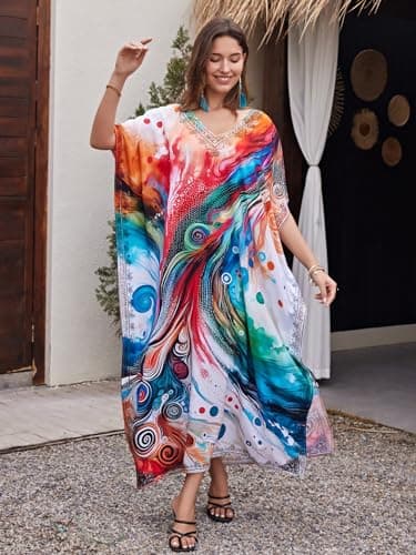IMAGEKOPE Women's Plus Size Loose Fit Moroccan Print V-Neck Batwing Kaftan Beach Dress Bathing Suit Cover Up - Image 8