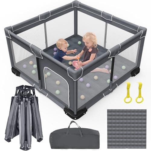 Grobeybees Foldable Baby Playpen with Mat, Foldable Playpen for Babies and Toddlers, Folding Portable Kids Play Pen, Collapsible Play Yard with 2 Handles + Suitable Size Mat(Grey, 50x50 inches) - Image 1