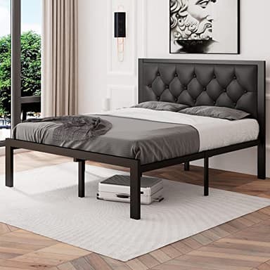 Feonase Full Size Metal Bed Frame with Faux Leather Button Tufted Headboard, Heavy-Duty Platform Bed Frame with 12" Storage, Steel Slats Support, No Box Spring Needed, Noise Free, Black - Image 3