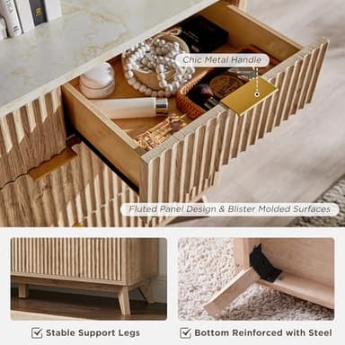 T4TREAM Fluted 7 Drawers Dresser, 54" Wide Modern Chest of Drawers with Faux Marble Top, Curved Profile Design, Dresser TV Stand, Wood Drawer Organizer for Bedroom, Living Room, Hallway, Natural Oak - Image 6