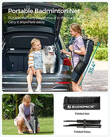 SONGMICS 10 ft Badminton Net, Height Adjustable Volleyball Net, Pickleball Net with Poles, Foldable Nylon Net for Tennis Indoor Outdoor Court, Black USYQ300HV1 - Image 4