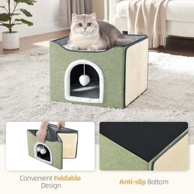 Purr&Knead Cat Bed for Indoor Cats with Large Replaceable Scratch Pad, Cat Cave with Hanging Toy Ball, Foldable Cat Hideaway, Covered Cat Bed Cave for Cat House(Green) - Image 7