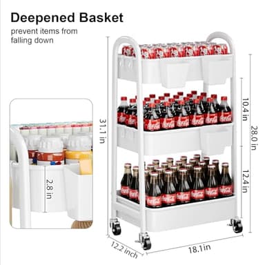 3 Tier Rolling Cart Metal with Wheels, Heavy Duty White Three Tiered Craft Cart Organizer on Wheels, Utility Roller Storage Carts for Art, Baby Nursery, Diaper Caddy, Snack,Book,Nail,Cleaning Supplies - Image 8