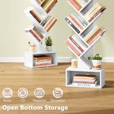 Hoctieon 6 Tier Tree Bookshelf, Tall Bookcase with Drawer, Freestanding Book Shelf with LED Lights, Display Floor Standing Storage Shelf, Book Organizer Shelves for Home Office, Living Room, White - Image 4