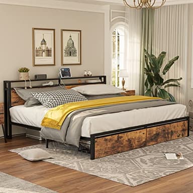 LIKIMIO King Bed Frame with Storage Headboard, Platform Bed with Drawers and Charging Station, No Box Spring Needed, Easy Assembly, Vintage Brown - Image 9