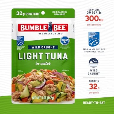 Bumble Bee Chunk Light Tuna in Water, 5 oz Pouches (Pack of 12) - Ready to Eat Wild Caught Skipjack Tuna Packet - 32g Protein per Pouch - MSC Sustainable Seafood, Non-GMO, Gluten Free, Kosher - Image 3