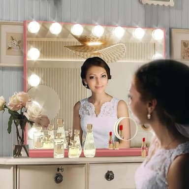 Ratsamee Pink Hollywood Vanity Mirror with Lights, 15 Dimmable Bulbs, 3 Color Lights,Make Up Lighted Mirror, Aluminum Metal Frame, USB Charging Port（23" x 18"） - Image 5
