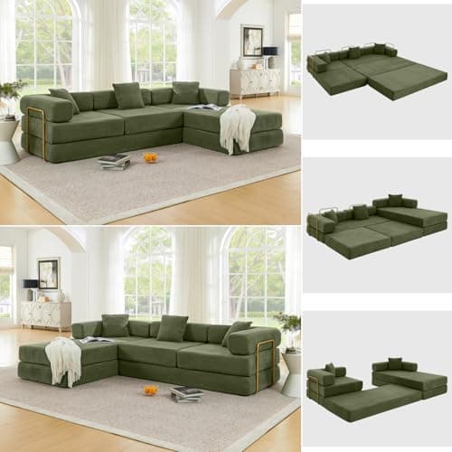 HANXIN 108" Modular Sectional Sofa, Futon Convertible Sofa Bed,Oversized Corduroy Boneless Couch for Living Room,Floor Loveseat Sleeper with Pull Out Bed,Free Combination,No Assembly Required (Green) - Image 1