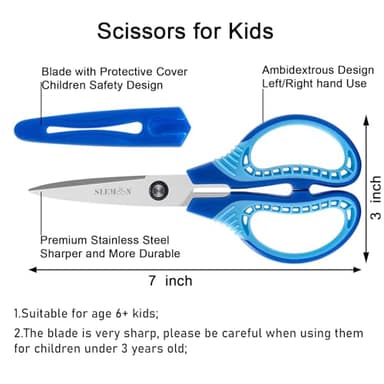 SLEMOON 7" Kids Scissors - Pointed Tip Right/Left Scissors with Protective Cover, Soft ABS Grips & Stainless Steel Blades, Ultra Durable for Classroom, Homeschool, Daily Use (3-Pack) - Image 2