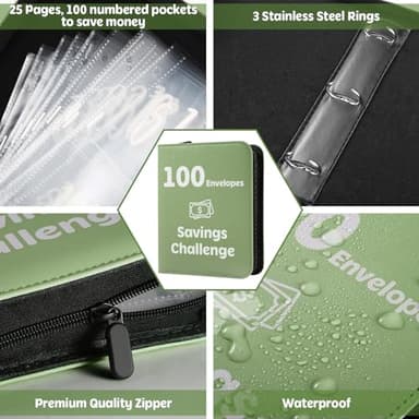 100 Envelopes Money Saving Challenge Binder with Laminated Tracker, PU Money Saving Challenge Budget Binder with Cash Envelopes, Savings Challenge Book with Zipper to Save $5,050 (OliveGreen) - Image 3